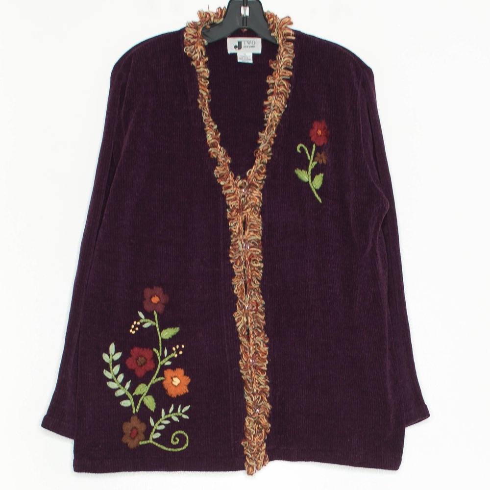 Vintage Cardigan Chenille Embroidered Floral Grandmacore Cottagecore Purple XL